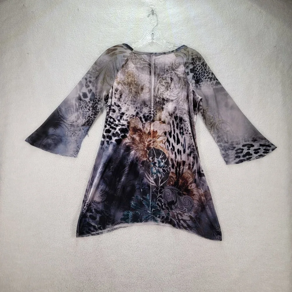 Bleu Womens Top Size S Blue Animal Print Flowy Ruffled Y2K Colorful Tunic Blouse - Picture 11 of 12